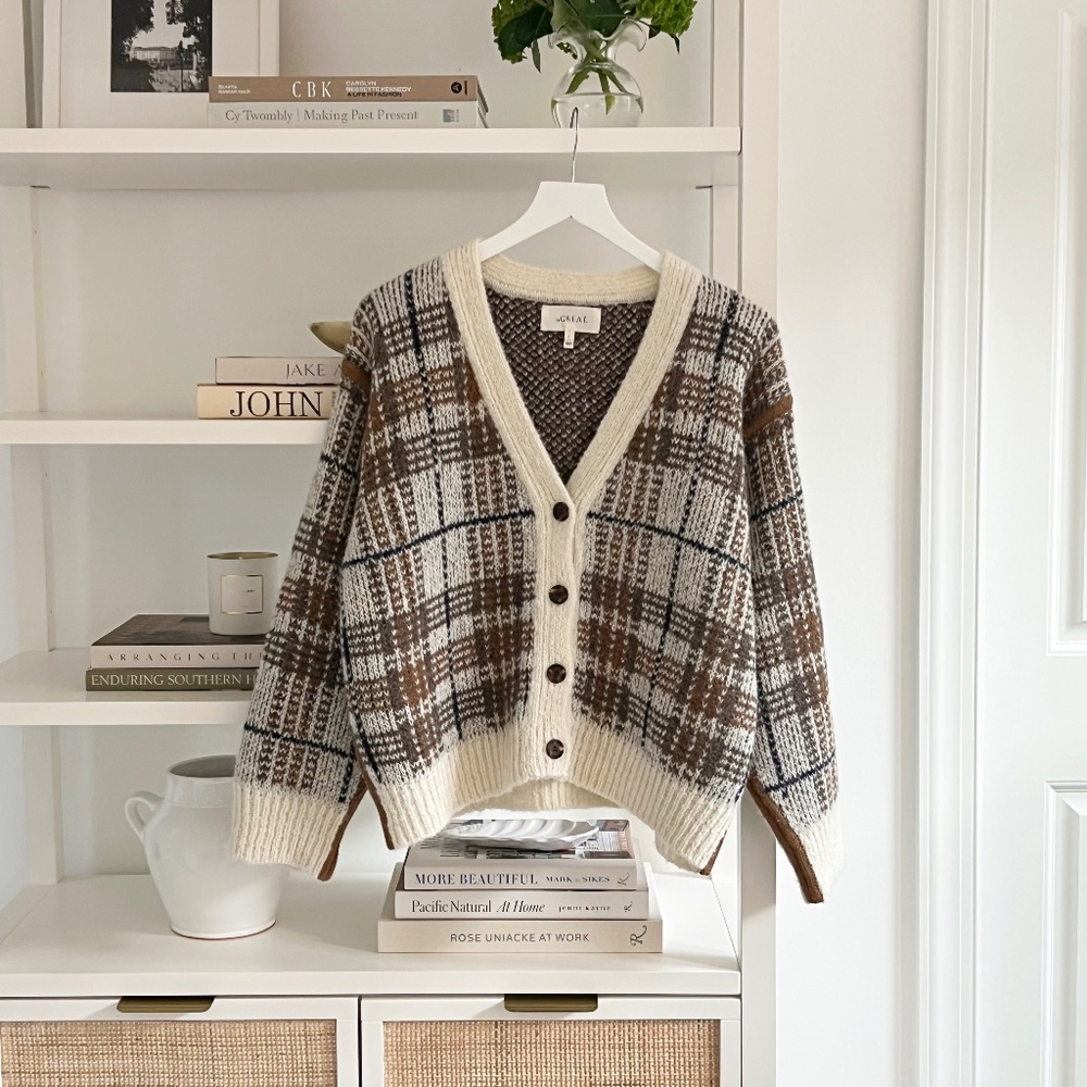 THE GREAT. Alpaca Plaid Cardigan Ivory/Brown Size 2 (Medium)